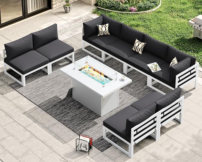 RADIATA 9 Pcs Modern Aluminum Outdoor Patio Furniture Set with Fire Pit Table Propane/Gas, Extra Large All-Weather Modular Sectional Couch, 29" Wide Deep Seating Conversation Sofa for Deck, Dark Grey