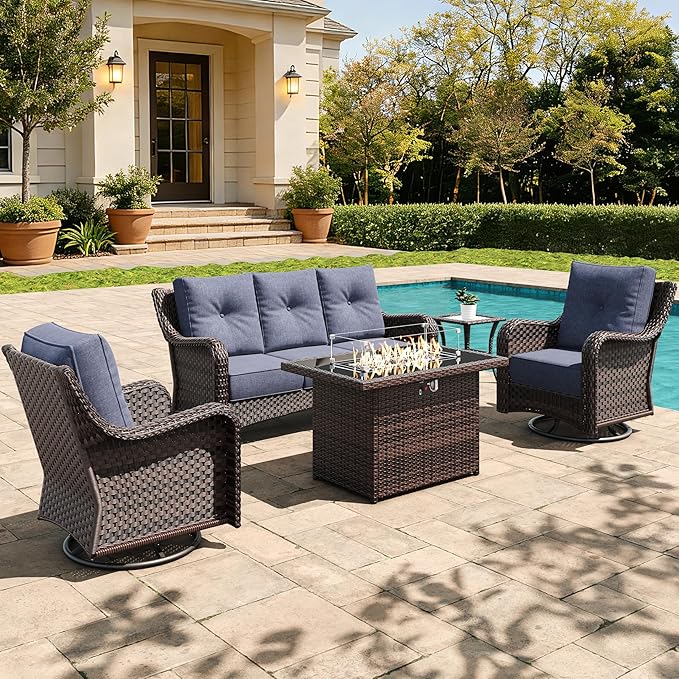 5 Pieces Outdoor Furniture Set with 6-inch Cushions, High Back Wicker Swivel Rocker Chairs with Fire Pit Table, Luxury Conversation Set for Deck Patio and Poolside