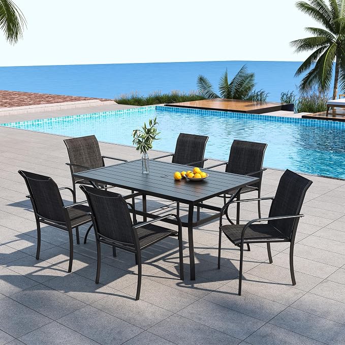 Anmutig Dark Grey Outdoor Patio Dining Set of 7 with 60"x38" Rectangle Table and 6 Stacking Chairs for 6 Person