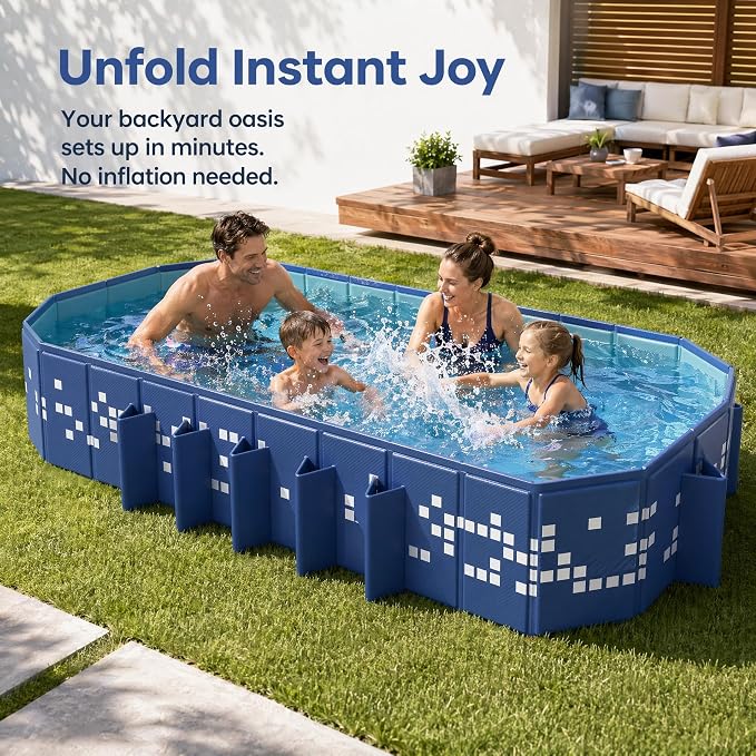 Foldable Pool Non-Inflatable, 122"×65"×20" Extra Large Collapsible Swimming Pool for Kids Adults, Hard PVC Board, 14 Triangle Supports, Family Backyard Outdoor Pool, Blue