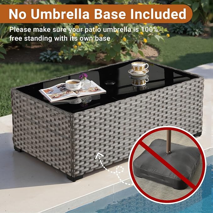 HOOOWOOO Outdoor Patio Side Table with Umbrella Hole,Wicker Coffee End Table Glass Top,Umbrella Table with 1.64" and 2" Hole for Yard,Deck,Porch,Garden(Rectangle Brown)