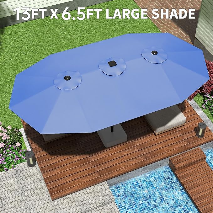 13ft Patio Umbrella with Double Canopy, Commercial Grade Extra Large Outdoor Market Umbrella for Patio Table, Pool & Backyard, Heavy Duty Aluminum Pole & Fiberglass Ribs, Parasol-Style Fabric, No Base