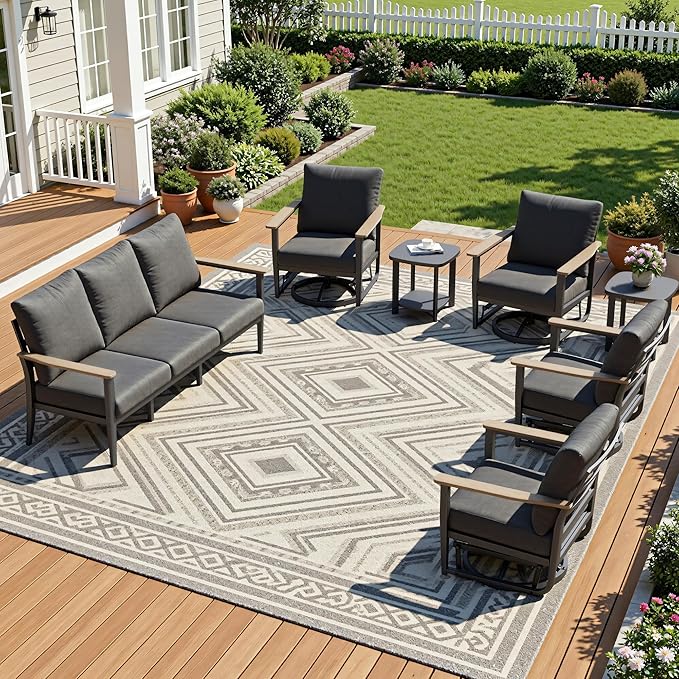 7-Seat Outdoor Patio Furniture Set with Rocking Swivel Chair, Aluminum Sectional Sofa Set with Ottomans, Patio Conversation Set with High Backrest & Thickened Cushions, Dark Grey