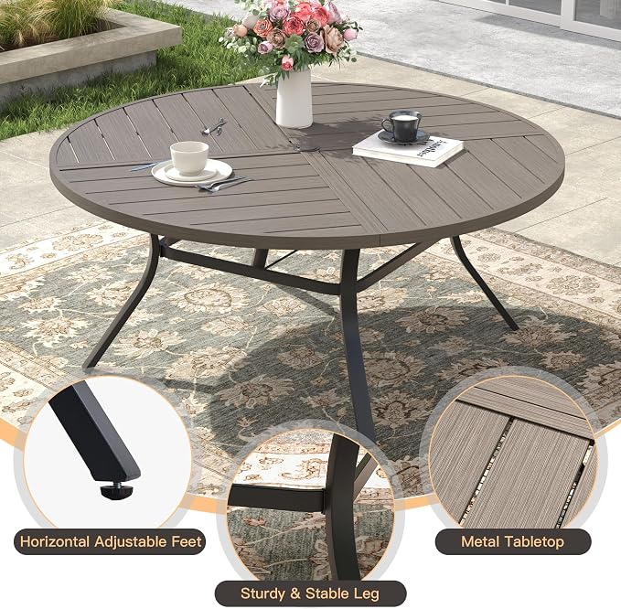 53.1" Outdoor Dining Table with Adjustable Umbrella Hole, Metal Slatted Round Patio Dining Table for Backyard Garden Deck, Antique Grey