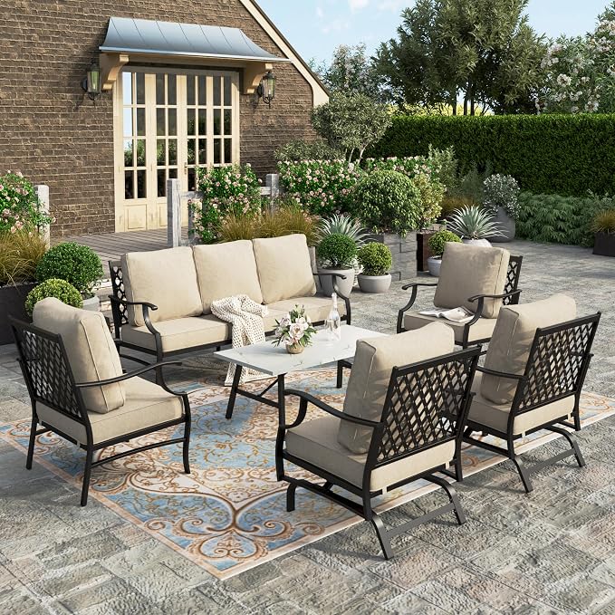 HERA'S HOUSE 6 Piece Patio Furniture Set, 2 x Rocking Chair, 2 x Fixed Chair, 1 x 3-Seat Sofa with Marbling Coffee Table, All Cushioned 7 Seats Outdoor Conversation Set for Lawn Garden Backyard