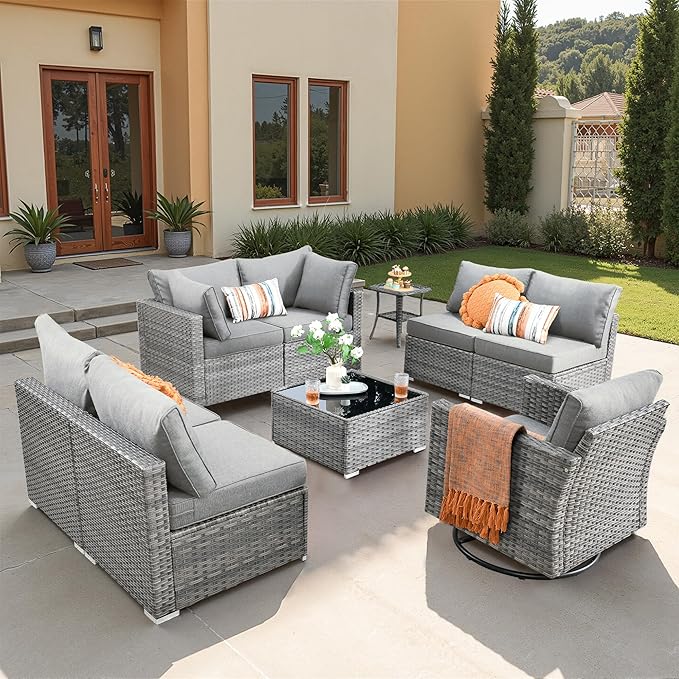 9 PCS Outdoor Patio Furniture Sets with Wicker Rocking Chair,Wicker Weather Resistant Patio Conversation Set with Comfy Cushions,Modular L Shaped Sofa with Coffee Table for Yard,Dark Grey