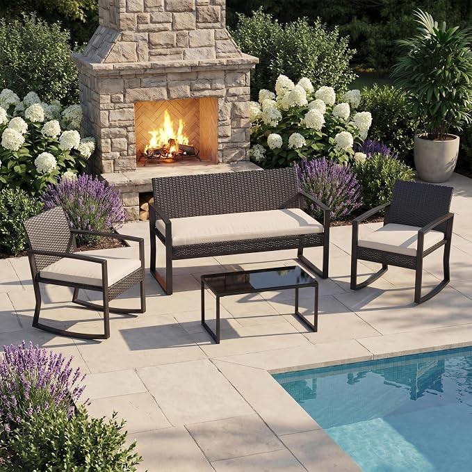 Garvee 4 Piece Patio Furniture Set, PE Rattan Outdoor Rocking Chair Conversation Set with Coffee Table, Outdoor Wicker Patio Table and Chairs Set for Patio, Porch, Backyard, Beige
