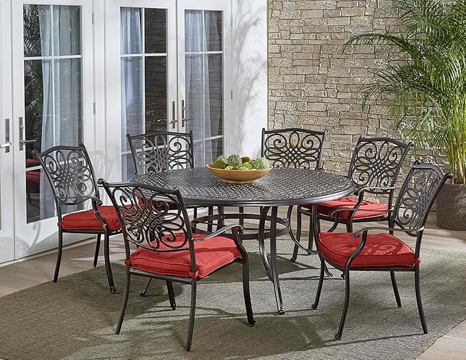 Hanover Traditions 7-Piece Outdoor Dining Set, Weather-Resistant Patio Table and Chairs Set with 6 Outdoor Dining Chairs, Plush UV-Resistant Autumn Berry Cushions, and 60 Inch Cast-top Outdoor Table