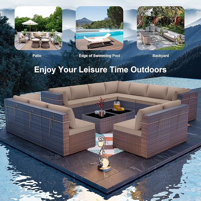 ALAULM 14 Pieces Patio Furniture Set Wicker Patio Conversation Set, Outdoor Sectional Furniture w/Coffee Table & Washable Seat Cushions-Sand