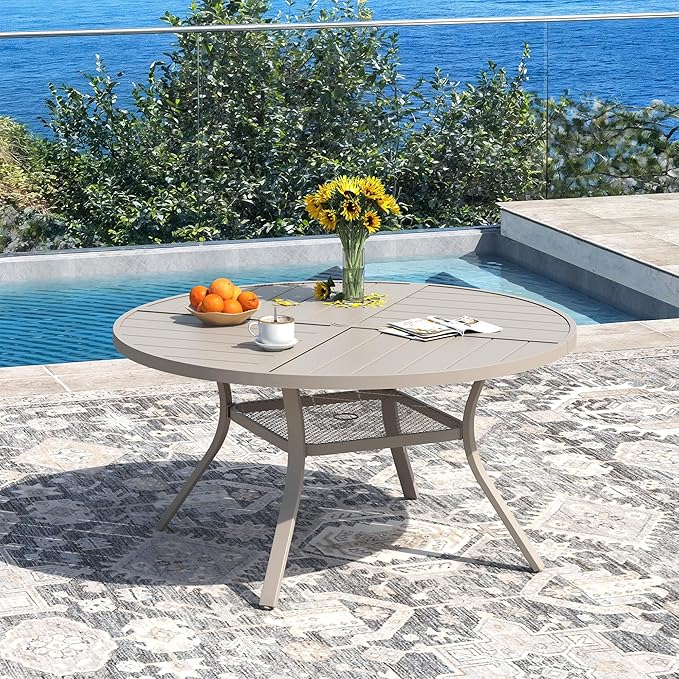 DIFY Patio Dining Set for 6, 7 Piece Outdoor Table and Chairs Set, 47.2" Round Metal Patio Dining Table and 6 Textilene Stackable Patio Chairs, for Backyard Garden Poolside, Sandshell
