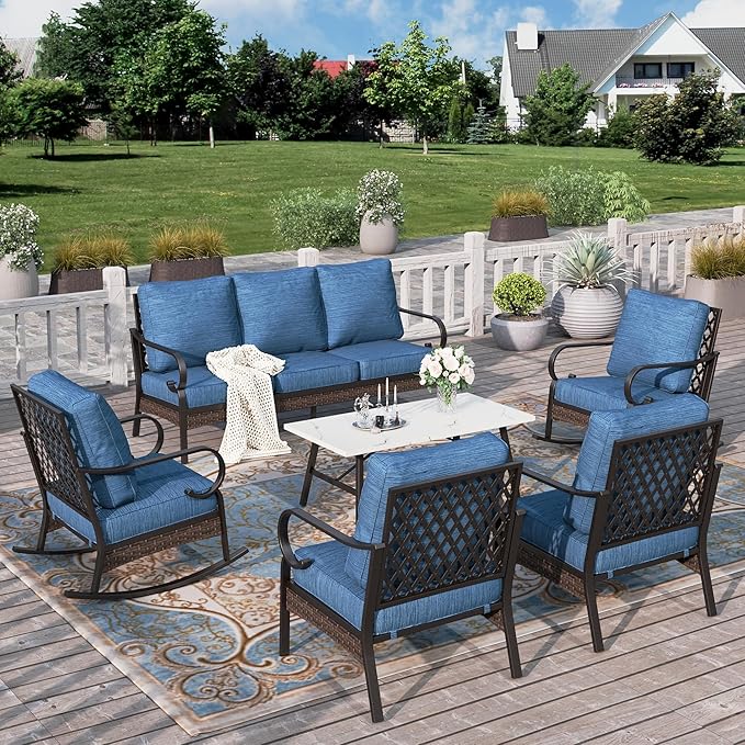 HERA'S HOUSE 6 Piece Metal Patio Furniture Set, All Weather Outdoor Conversation Set with 3-Seat Sofa, 2 Rocking Chairs, 2 Fixed Chairs & Coffee Table, 7 Seats for Backyard, Garden, Deck, Pacific Blue