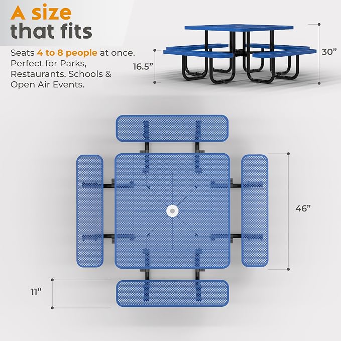 Metal Picnic Tables for Outdoors with Umbrella Hole - Coated Steel Heavy Duty Commercial Grade Furniture (Blue, 46 in, Square, Punched Steel)