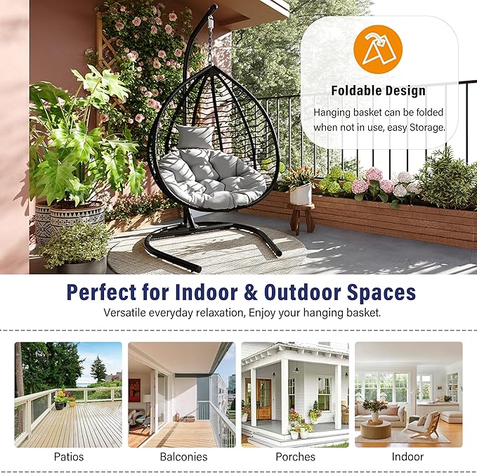 Folding Egg Chair, Outdoor Hanging Hammock Chair with Stand, Patio Wicker Hanging Chair with Iron Frame and Plush Cushion & Removable Headrest for Bedroom, Balcony, Garden (BlackGrey-A)