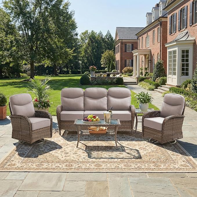 Luxury Patio Furniture Set with 6-inch Thick Cushions, Outdoor Furniture Set with High Back Swivel Chairs, 5 PCS Wicker Outdoor Conversation Set for Porch, Patio, Yard, Deck, Poolside, Brown/Beige