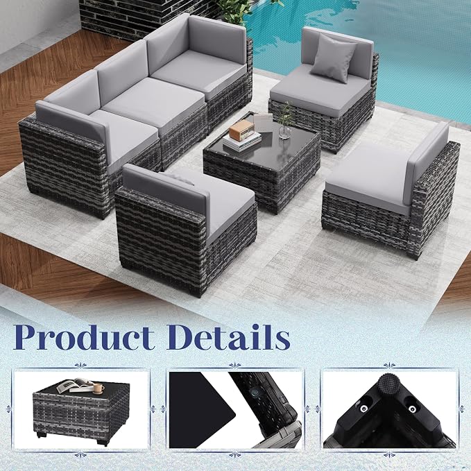 KIGOTY Patio Furniture Set,14 Pieces Modular Outdoor Sectional Sofa, PE Rattan Patio Conversation Set, All Weather Wicker Patio Furniture with Cushions and Coffee Table（Light Grey/Light Grey）