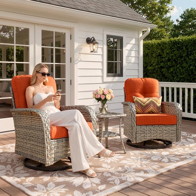 Outdoor Swivel Rocking Chair Set of 2 with Coffee Table, Wicker Patio Glider Chairs with 4 Inch Thick Cushions, 350lbs Capacity High Back Rattan Furniture Set for Sunroom and Small Spaces, Orange