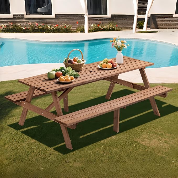 75" Rectangular Picnic Table for Outdoors,8 Person Wooden Picnic Tables,Outdoor Camping Dining Tables with 2 Seats DIY with 2 Built-in Benches for Garden Courtyard BBQ,2220lb Capacity,Brown