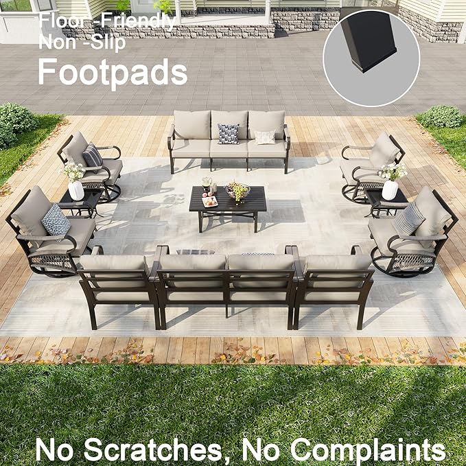 11 Pieces Patio Furniture Set, Metal Outdoor Conversation Sets with Swivel Chairs, Modern Couch Sofa Seating Group with Coffee Table and Side Table (Thick Beige Cushions)