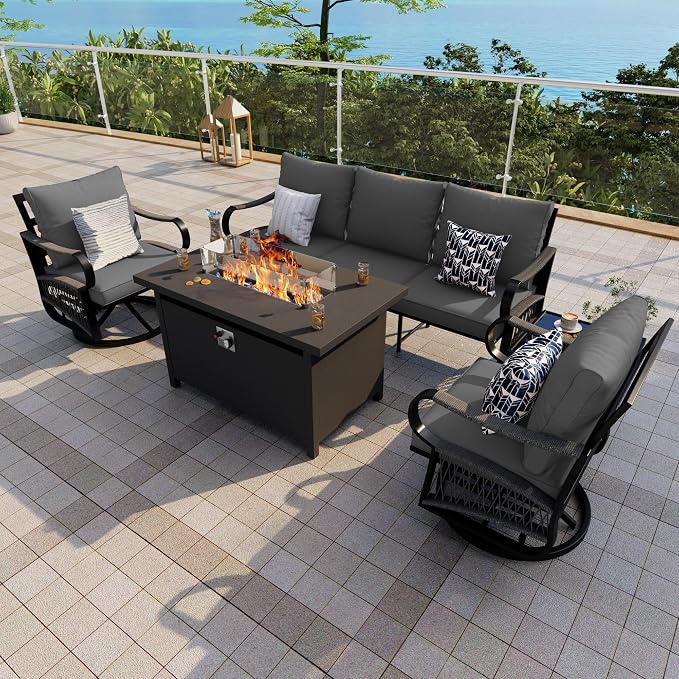 5-Piece Outdoor Furniture Set, Metal Swivel Rocking Chairs with All-Weather Cushions, Rope Patio Conversation Set with Fire Pit Table for Deck, Porch, Garden, Backyard, Poolside (Gray Cushions)