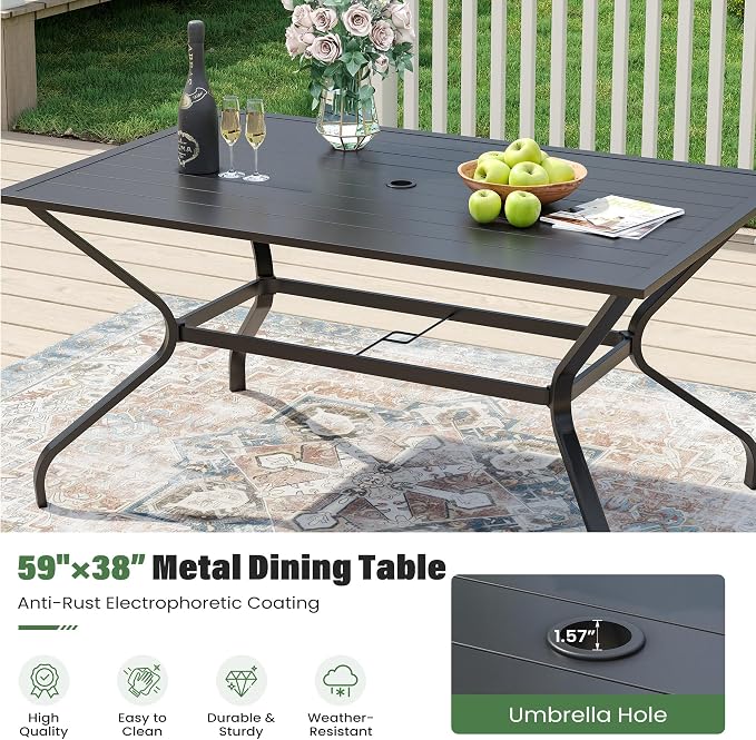 UDPATIO 59"×38" Metal Outdoor Dining Table All-Weather Resistant with Umbrella Hole Furniture for Patio, Black, 1 Table
