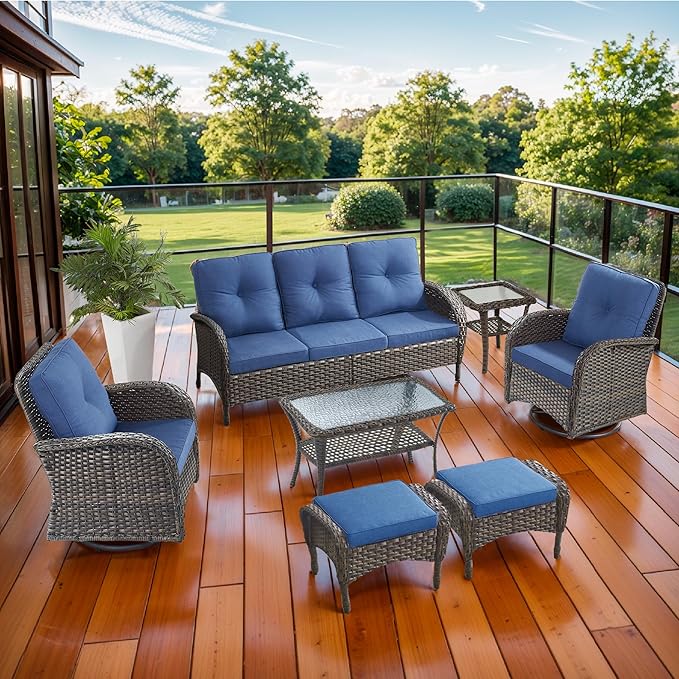 7 Piece Patio Furniture Set - Wicker Patio Conversation Set with Swivel Glider, 3 Seat Sofa, 2 Ottomans, Glass Side Table and Coffee Table for Deck Backyard - Brown Wicker Blue Cushion