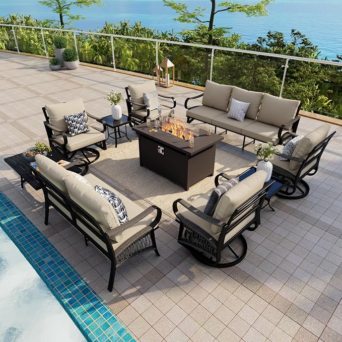 10-Piece Outdoor Furniture Set, Metal Swivel Rocking Chairs with All-Weather Cushions, Patio Conversation Set with Fire Pit Table for Deck, Porch, Garden, Backyard, Poolside (Beige Cushions)