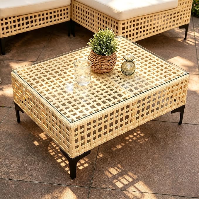 Outdoor Patio Coffee Table with Tempered Glass Top, Handwoven PE Wicker Patio Table with Metal Frame, All-Weather Rattan Coffee Table for Patio Furniture, Balcony, Backyard or Garden