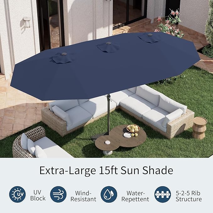 PatioKingdom 15FT Large Patio Umbrella with Base, Double Sided Rectangular Outdoor Umbrella with Sturdy Fiberglass Ribs, Market Umbrella for Pool,Garden,Backyard,Deck (Navy, 15FT)