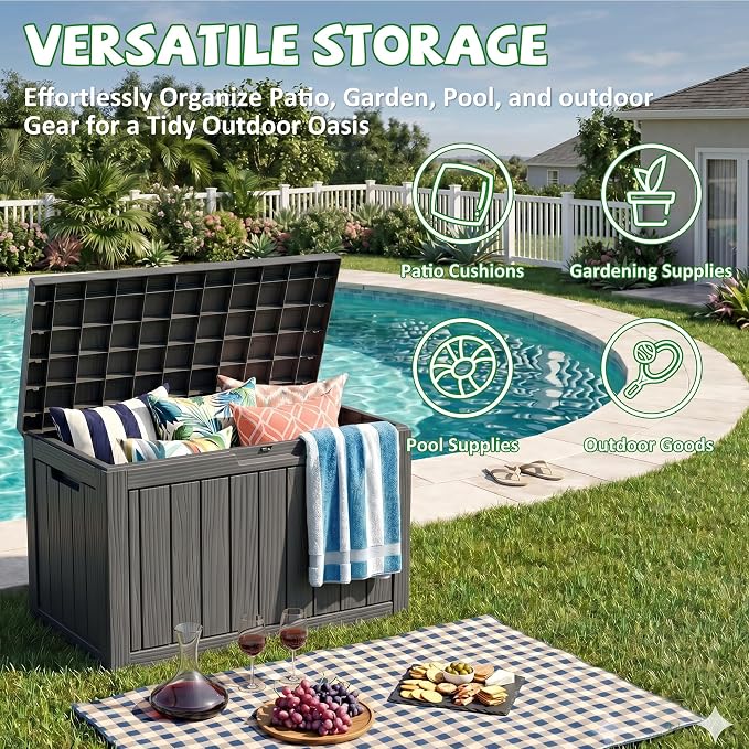 DRATO 50 Gallon Outdoor Storage Box Waterproof, Lockable Resin Deck Box for Patio Furniture, Pool Supplies & Garden Tools, Weatherproof Outside Storage Bin for Backyard Porch (Black, 50 Gallon)