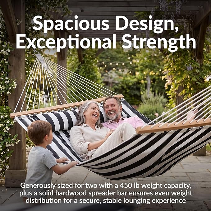 Sunnydaze Quilted Double Hammock for Outside with Spreader Bars and Pillow - 450 lb Capacity, 74x55 Inch Bed, UV Resistant, Quick Dry - Chains Included, Stand Sold Separately - Black & White