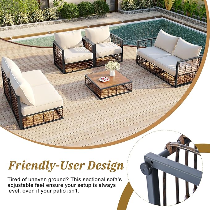 Modern Minimalist 7-Piece Metal Patio Sectional Sofa Set, All-Weather Garden Conversational Furniture Set with Thick Cushions and Coffee Table for Indoor Outdoor (Dark Grey#26)
