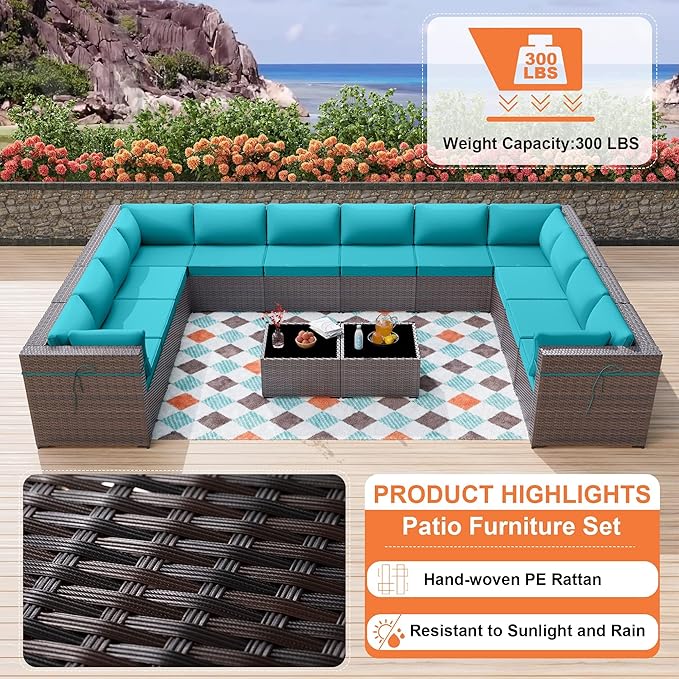 ALAULM 14 Pieces Patio Furniture Set Wicker Patio Conversation Set, Outdoor Sectional Furniture w/Coffee Table & Washable Seat Cushions-Blue