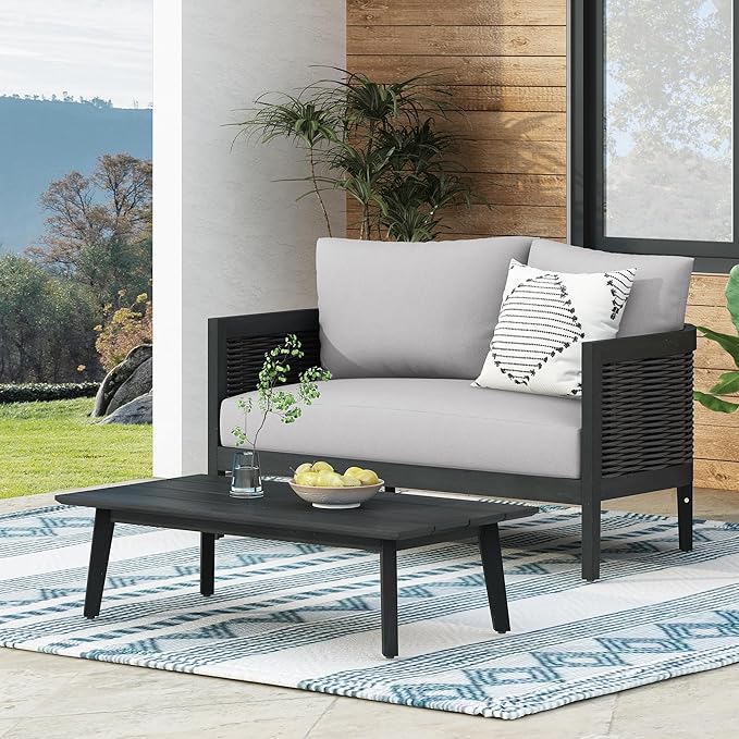 Merax Outdoor Acacia Wood Wicker Conversation Set 2 Seater with Loveseat and Coffetable for Backyard Garden