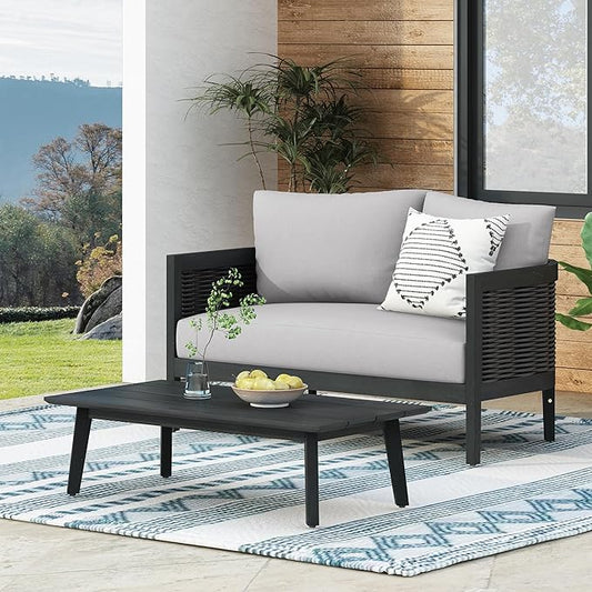 Merax Outdoor Acacia Wood Wicker Conversation Set 2 Seater with Loveseat and Coffetable for Backyard Garden