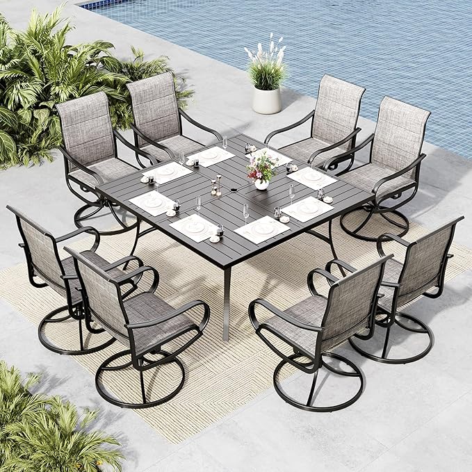 MFSTUDIO Outdoor Dining Set for 8, Square Metal Table w/Swivel Chairs | Padded textilene chairs, High back, Ergonomic Design, Umbrella hole, Weather reistant, Patio deck garden backyard