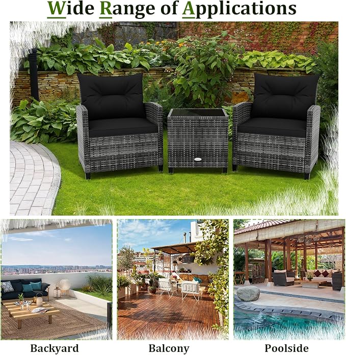 Patio Furniture Set, 3 Pcs Outdoor Wicker Conversation Set with Glass Coffee Table, Patio Chairs w/Washable Cushions, PE Rattan Outdoor Furniture Set for Porch Garden Backyard (Black)