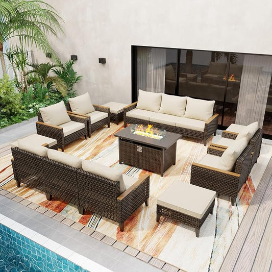 15 Piece Patio Furniture Set with 50000 BTU Propane Fire Pit Table, All-Weather Wicker Rattan Outdoor Sectional Sofa Set with High Back and Thick Cushions for Garden, Porch, Poolside, Beige