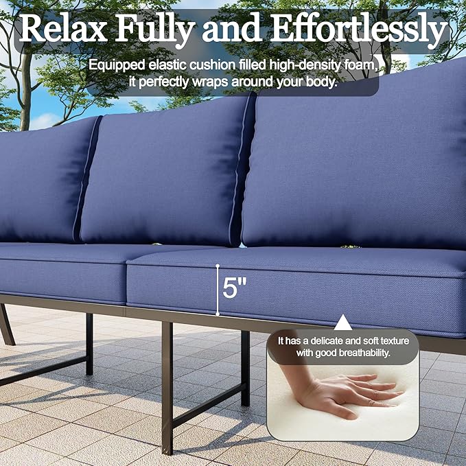 5 Pieces Patio Conversation Sets, All Weather Metal Outdoor Furniture Set with Sectional Sofa Loveseat Couch for Backyard Garden Deck Porch Poolside (Blue Cushions)