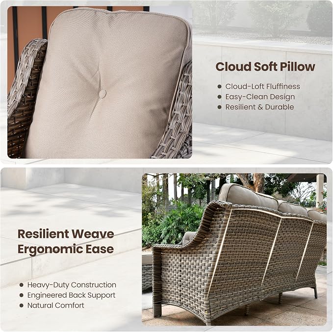 5 PCS Patio Conversation Set, All-Weather Rattan Wicker Outdoor Patio Furniture Sets with High Back Swivel Rocker Chair, Solar Light Coffee Table for Porch,Backyard,Balcony,Beige