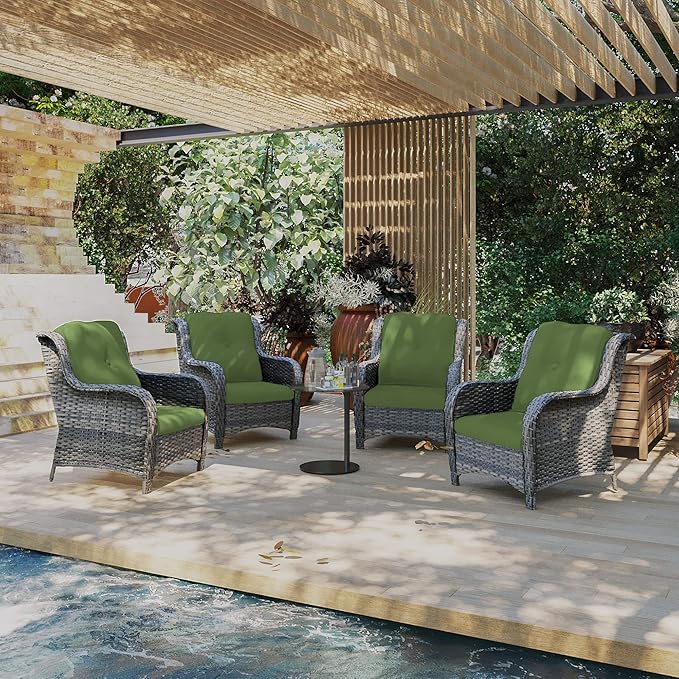 Outdoor Wicker Chair Rattan Patio Dining Chairs Set of 4 PE Wicker Patio Chairs with 3.5 inch Seat Cushions Patio Seating Chair for Garden, Backyard Swimming Pool, Balcony, Green