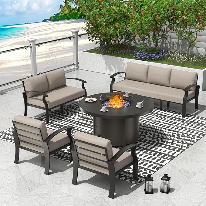 ALAULM Aluminum Patio Furniture Set with Round Propane Fire Pit Table 7-seat Metal Outdoor Furniture w/5.1" Cushions Patio Sectional Sofas for Porch, Lawn, Poolside（Sand