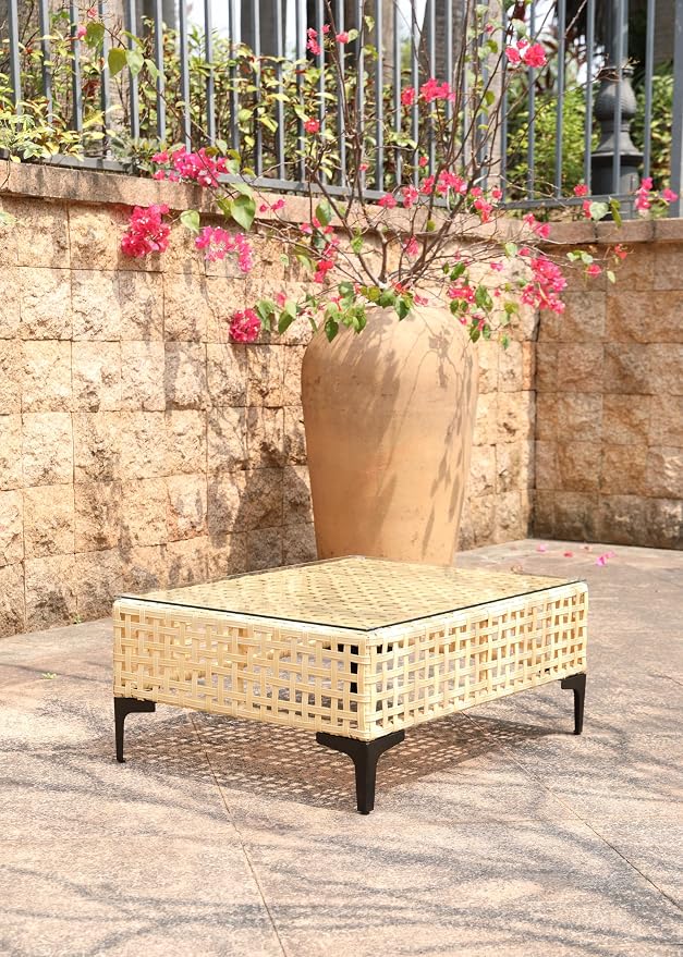 Outdoor Wicker Patio Side Table with Tempered Glass Top, 2-Tier PE Rattan End Table with Storage Shelf for Balcony,Garden, Backyard,Porch,Small Outdoor Table,Beige