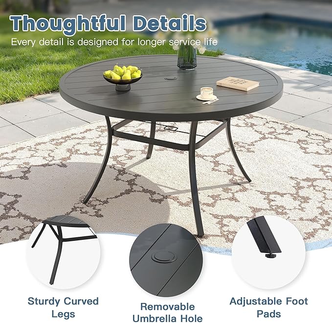 DIFY Patio Dining Set for 6, 7 Piece Outdoor Table and Chairs Set, 50" Black Round Metal Patio Dining Table and 6 Grey Textilene Stackable Patio Chairs, for Backyard Garden Poolside