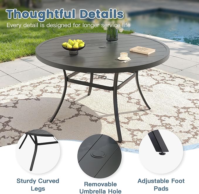 DIFY 7 Pieces Outdoor Dining Set for 6, Patio Furniture Set of 6 Wicker Patio Chairs with Soft Cushions and 50" Black Round Metal Table with Umbrella Hole, for Backyard Garden Deck, Wheat Rattan