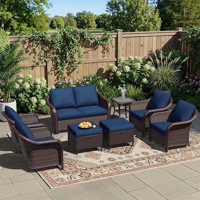 8 Piece Patio Wicker Conversation Set, All-Weather Use Outdoor Wicker Loveseat with 2 PE Rattan Ottomans,4 Chair, 1 Side Table, Ideal for Porch, Backyard, Balcony, Poolside, Blue