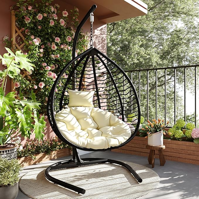 Folding Egg Chair, Outdoor Hanging Hammock Chair with Stand, Patio Wicker Hanging Chair with Iron Frame and Plush Cushion & Removable Headrest for Bedroom, Balcony, Garden (BlackBeige-A)