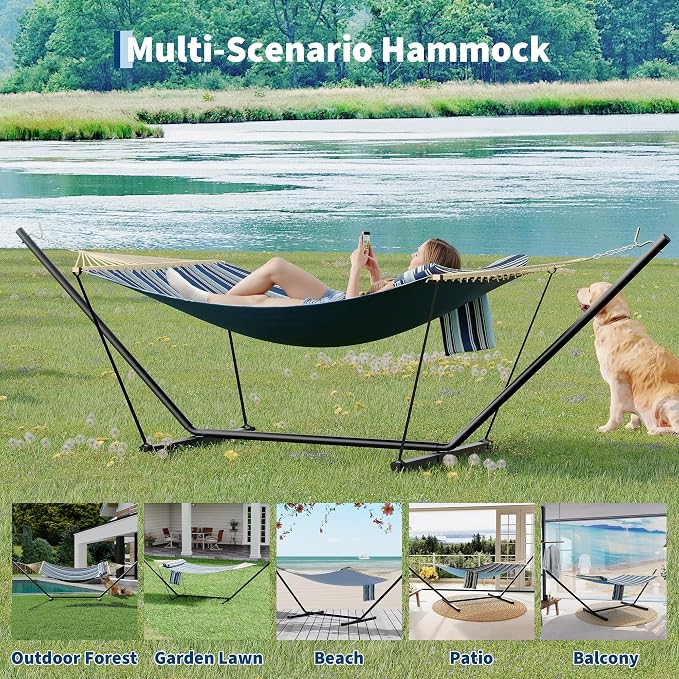 Garvee 2 Person Outdoor Hammock with Stand, Heavy Duty Portable Double Hammock with Balance Rope, MAX 450 LBS Capacity for Patio, Backyard, Garden, Beach