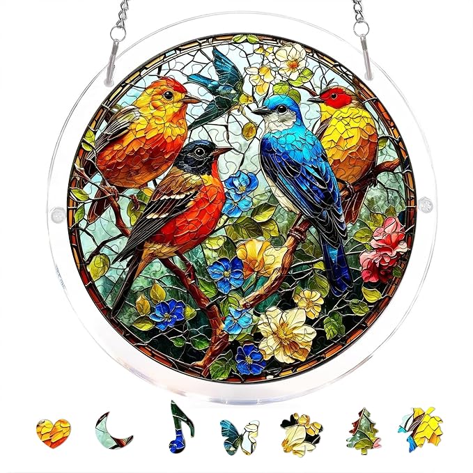 Acrylic Puzzle Suncatcher, Birds & Flower Sun Catcher Jigsaw Puzzle Window Hanging, Acrylic Puzzles Kit Home Garden Decor, Mothers Day Birthday Gifts for Mom, Wife, Sisters, 7.87 inch