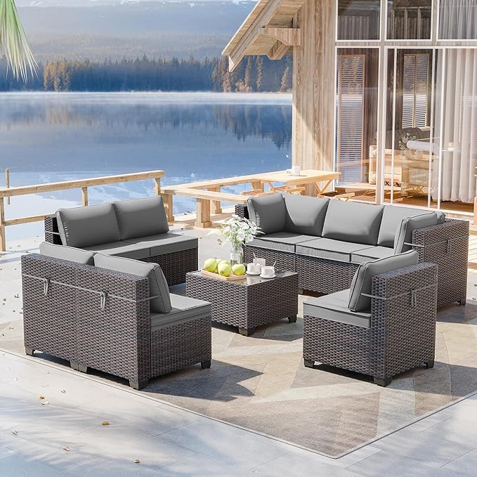 ALAULM 9 Pieces Patio Furniture Set Wicker Patio Conversation Set, Outdoor Sectional Furniture w/Coffee Table & Washable Seat Cushions-Grey