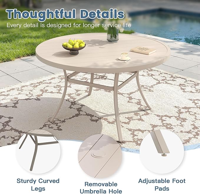 DIFY Patio Dining Set for 6, 7 Piece Outdoor Table and Chairs Set, 50" Round Metal Patio Dining Table and 6 Textilene Stackable Patio Chairs, for Backyard Garden Poolside, Sandshell